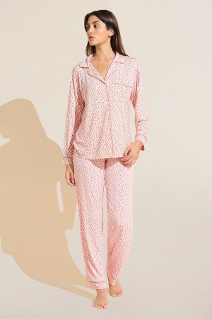 Eberjey Gisele Printed TENCEL™ Modal Long PJ Set Donna Pigiama Rosse Scuro Rosa Bianche | ICS8576SF