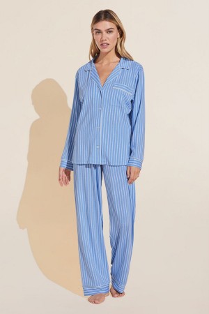 Eberjey Gisele Printed TENCEL™ Modal Long PJ Set Donna Pigiama Blu Bianche | VDO4740WS