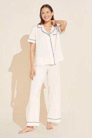 Eberjey Gisele TENCEL™ Modal Short Sleeve & Pant PJ Set Donna Pigiama Bianche Blu Marino | BSD9083WH