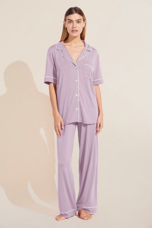 Eberjey Gisele TENCEL™ Modal Short Sleeve & Pant PJ Set Donna Pigiama Viola Bianche | TQH6047BN