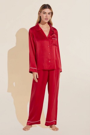 Eberjey Inez Washable Silk Long PJ Set Donna Pigiama Rosse Bianche | YEC7716CE