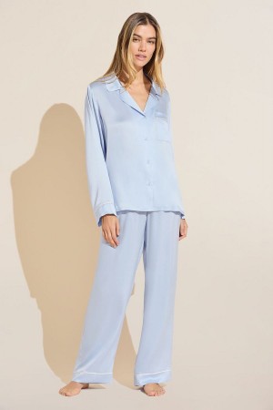 Eberjey Inez Washable Silk Long PJ Set Donna Pigiama Blu | PLN4981RP