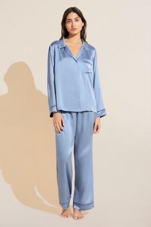 Eberjey Inez Washable Silk Long PJ Set Donna Pigiama Blu Blu Marino | QBU3274AH