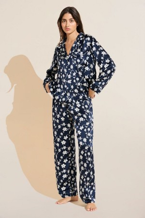 Eberjey Inez Washable Silk Printed Long PJ Set Donna Pigiama Blu Marino Bianche | AJI9155BU