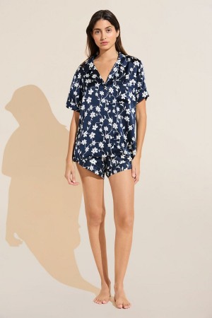 Eberjey Inez Washable Silk Printed Short PJ Set Donna Pigiama Blu Marino Bianche | PTT1917MU