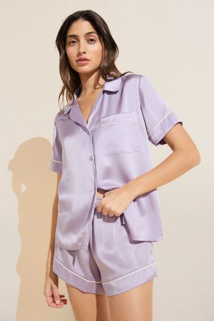 Eberjey Inez Washable Silk Short PJ Set Donna Pigiama Viola Bianche | NHY10028BD