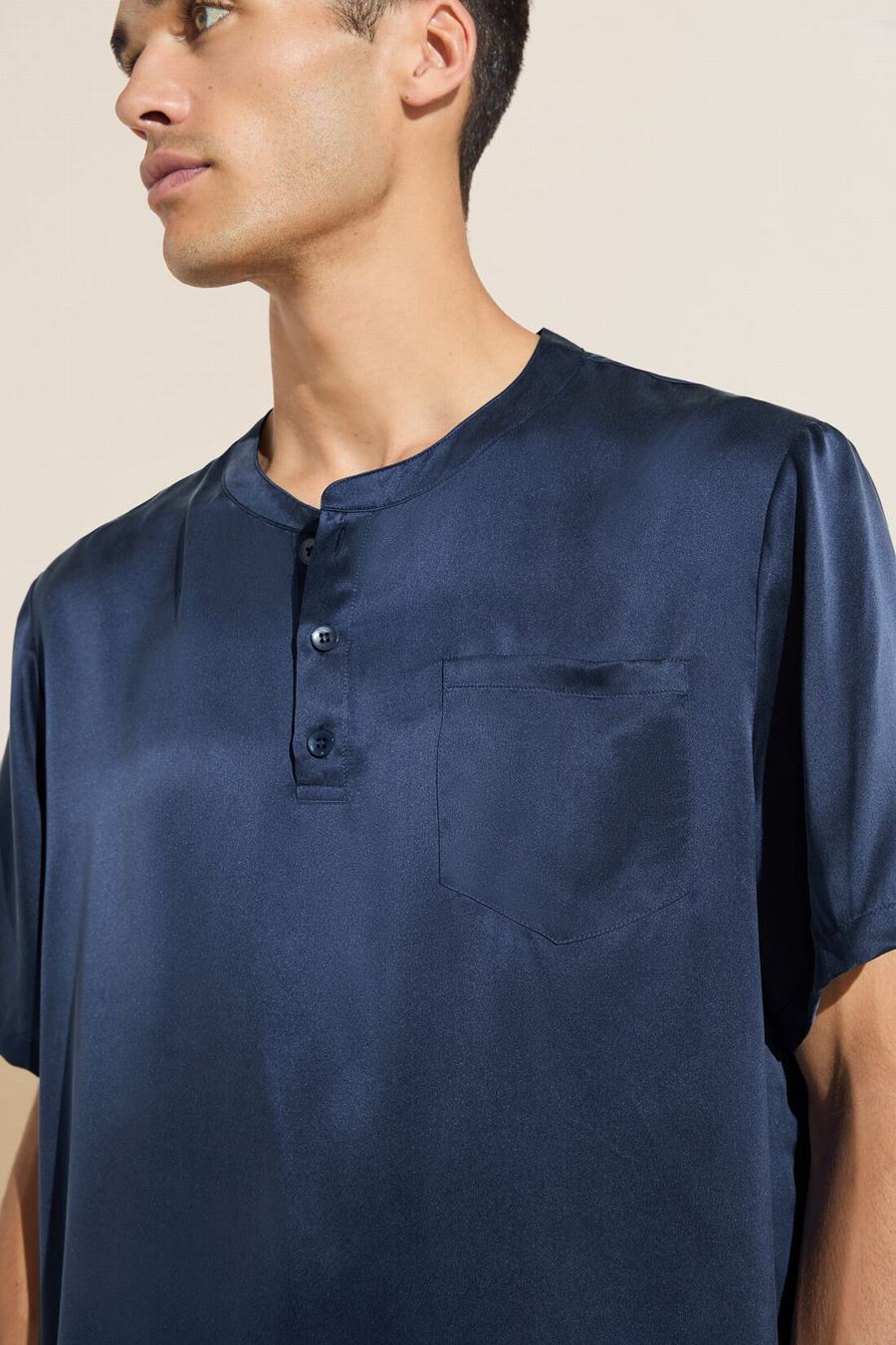 Eberjey Charles Washable Silk Short Sleeve & Pant PJ Set Uomo Pigiama Blu Marino | FZI2965ZZ