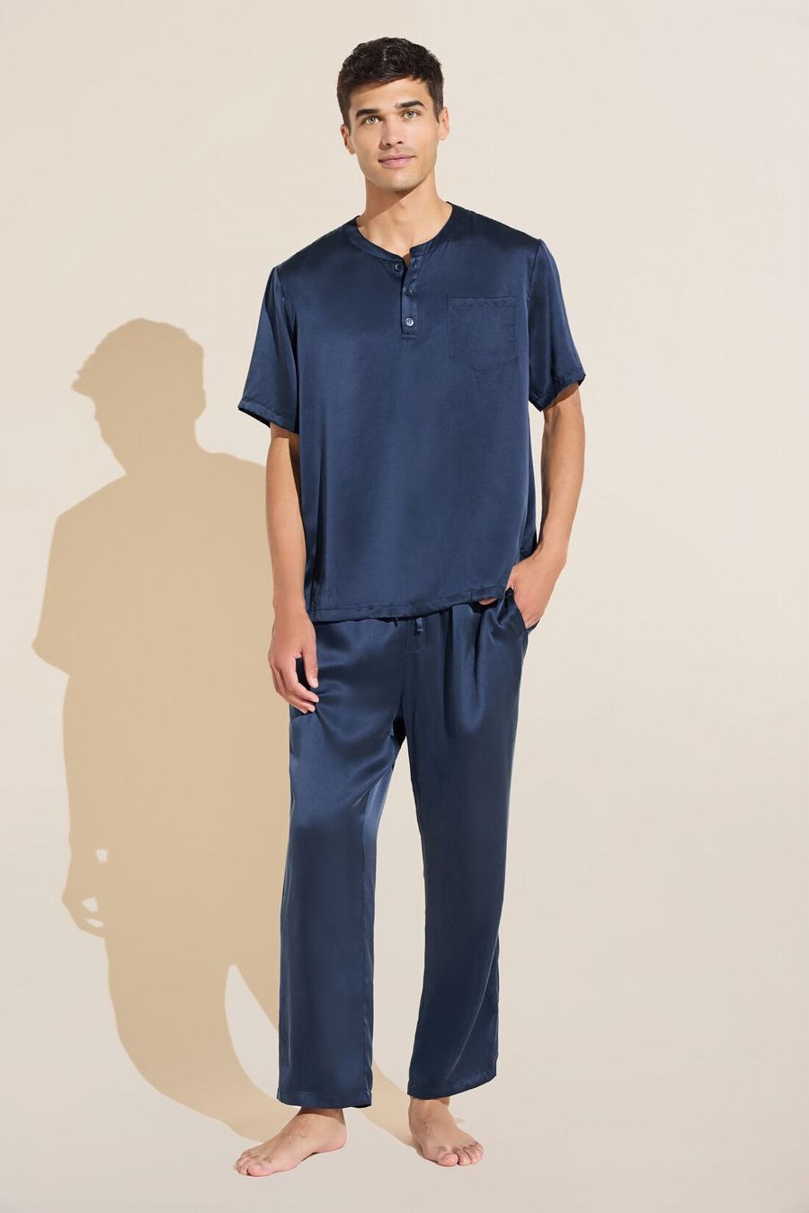 Eberjey Charles Washable Silk Short Sleeve & Pant PJ Set Uomo Pigiama Blu Marino | FZI2965ZZ