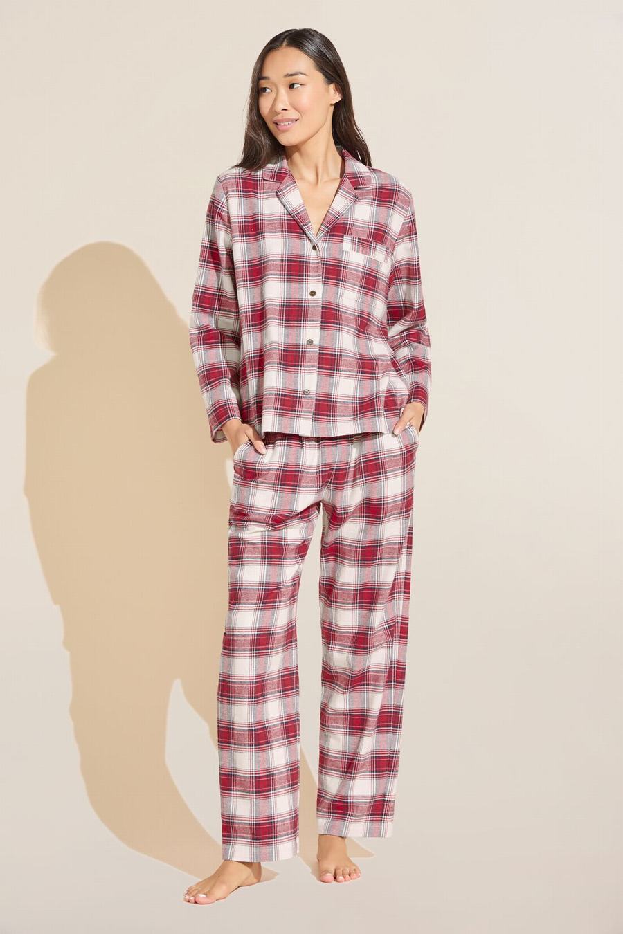 Eberjey Flannel Long PJ Set Donna Pigiama Rosse Bianche | OWQ9836MS