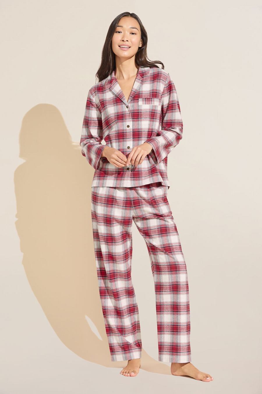 Eberjey Flannel Long PJ Set Donna Pigiama Rosse Bianche | OWQ9836MS