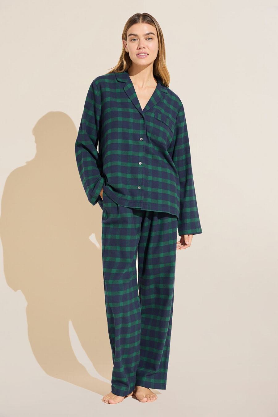 Eberjey Flannel Long PJ Set Donna Pigiama Blu Marino Verdi | IZG5227MV