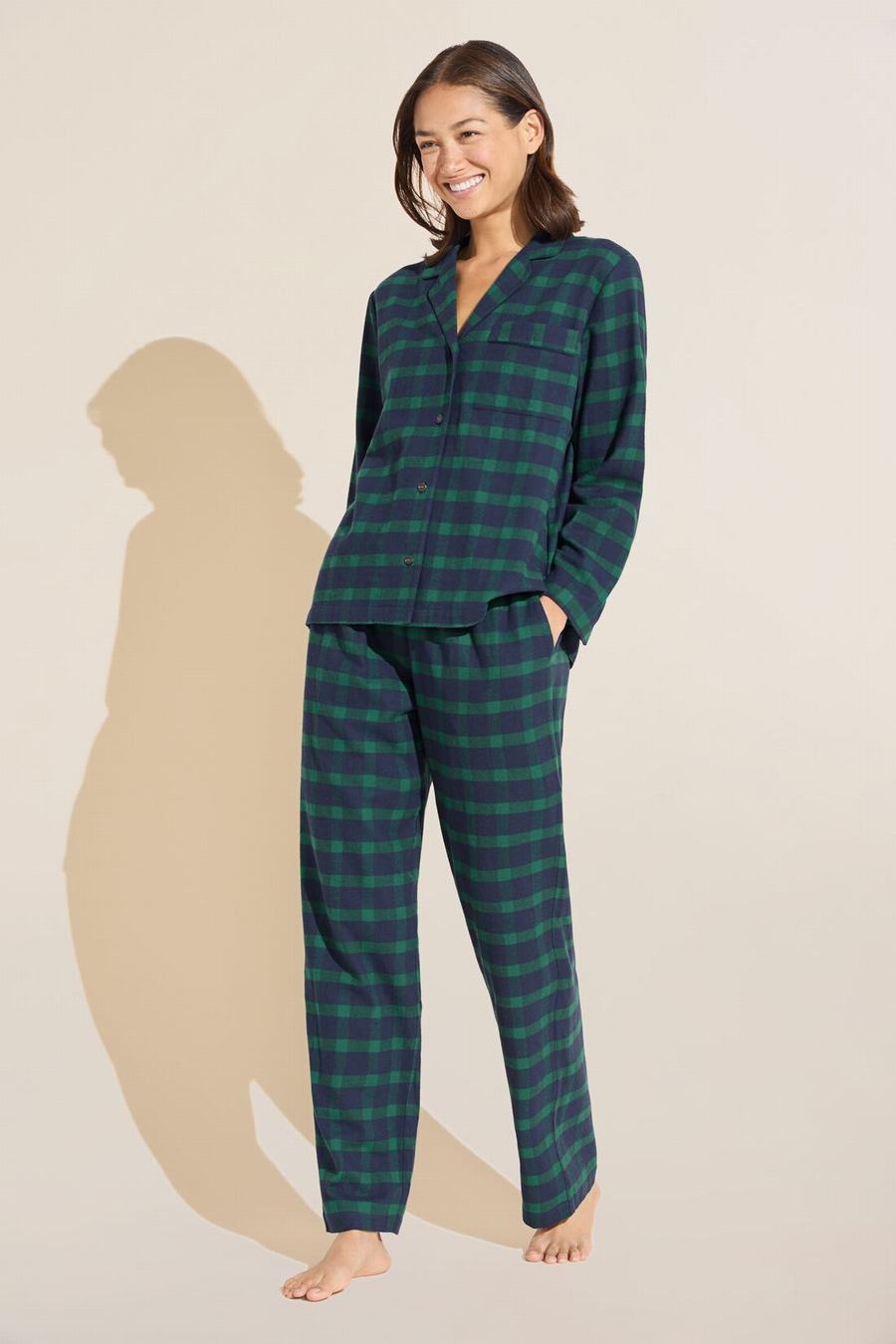 Eberjey Flannel Long PJ Set Donna Pigiama Blu Marino Verdi | IZG5227MV