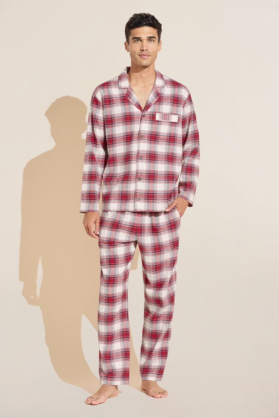 Eberjey Flannel Long PJ Set Uomo Pigiama Rosse Bianche | TGR6813AY