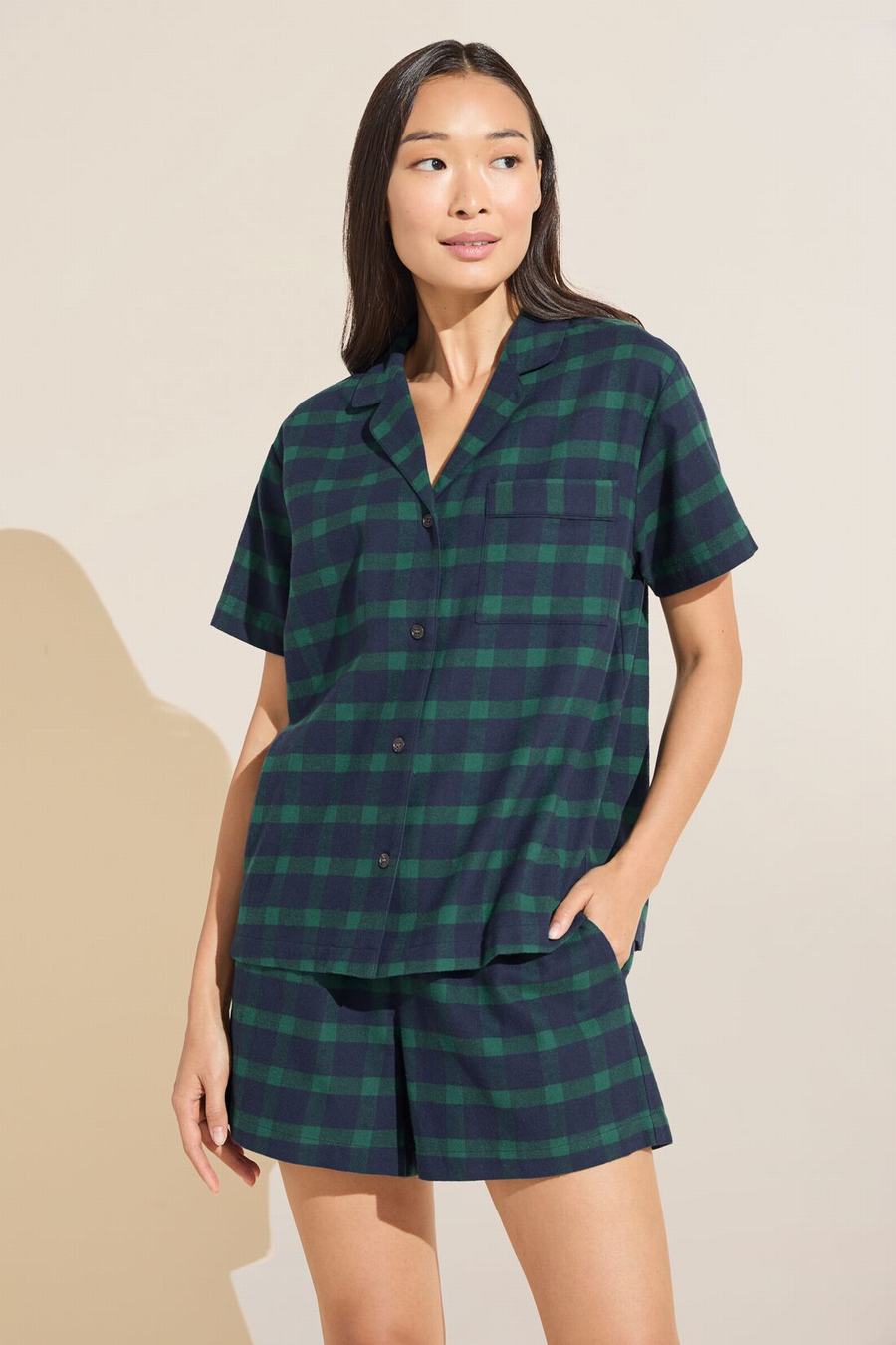 Eberjey Flannel Short PJ Set Donna Pigiama Blu Marino Verdi | RGK121ZB