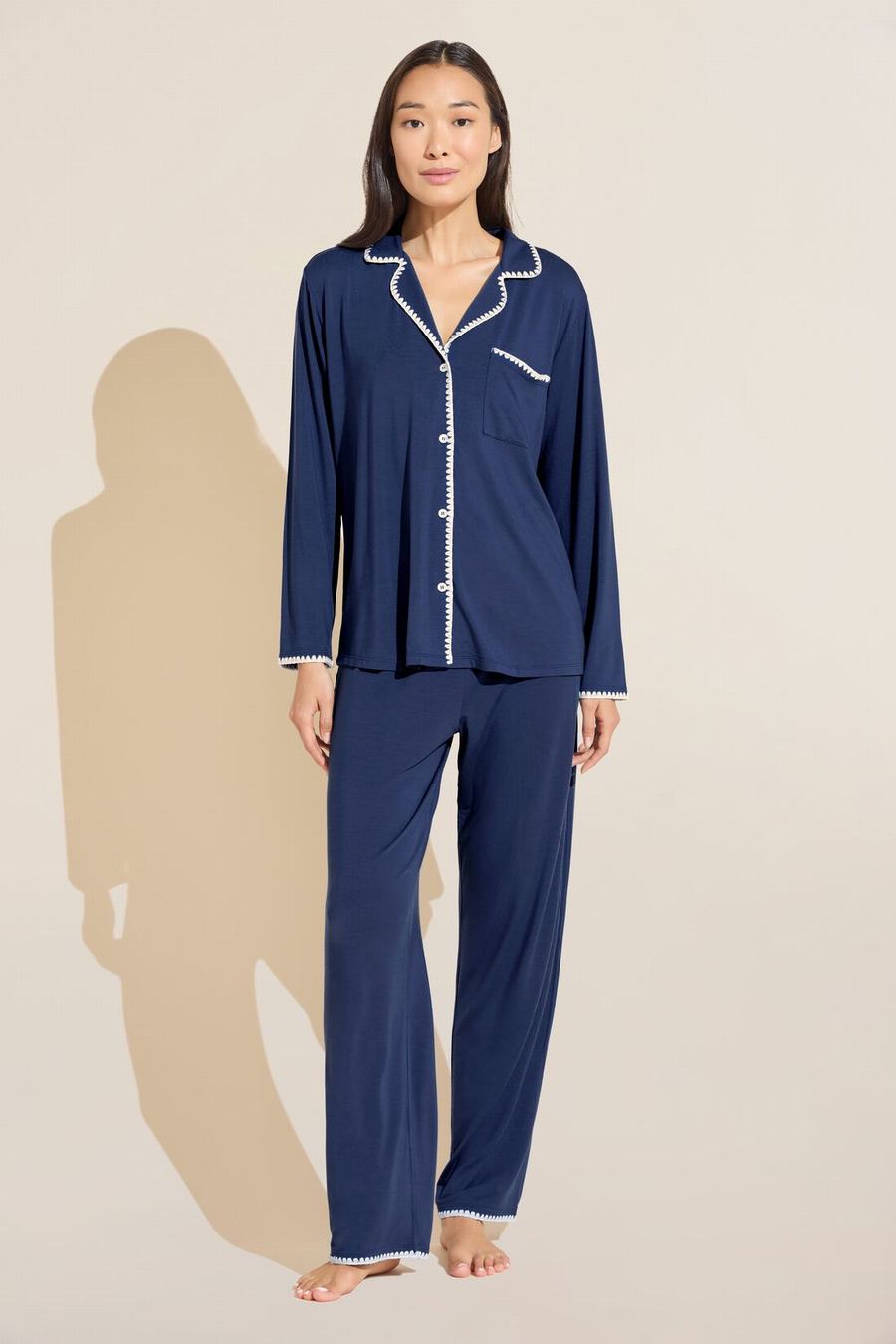 Eberjey Frida TENCEL™ Modal Long PJ Set Donna Pigiama Blu Marino Bianche | SXJ5267AX