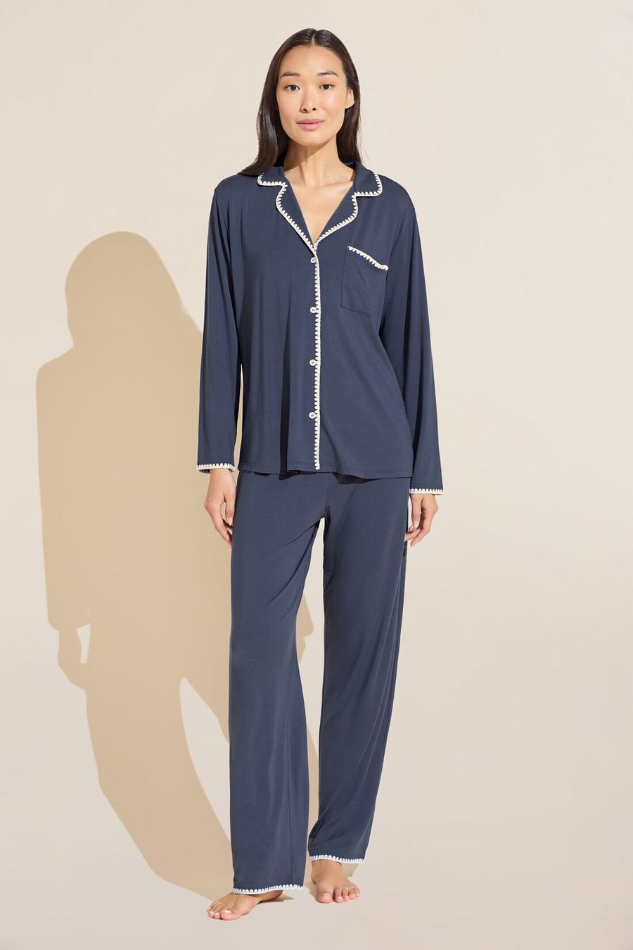 Eberjey Frida TENCEL™ Modal Long PJ Set Donna Pigiama Blu Bianche | IXI3691EY