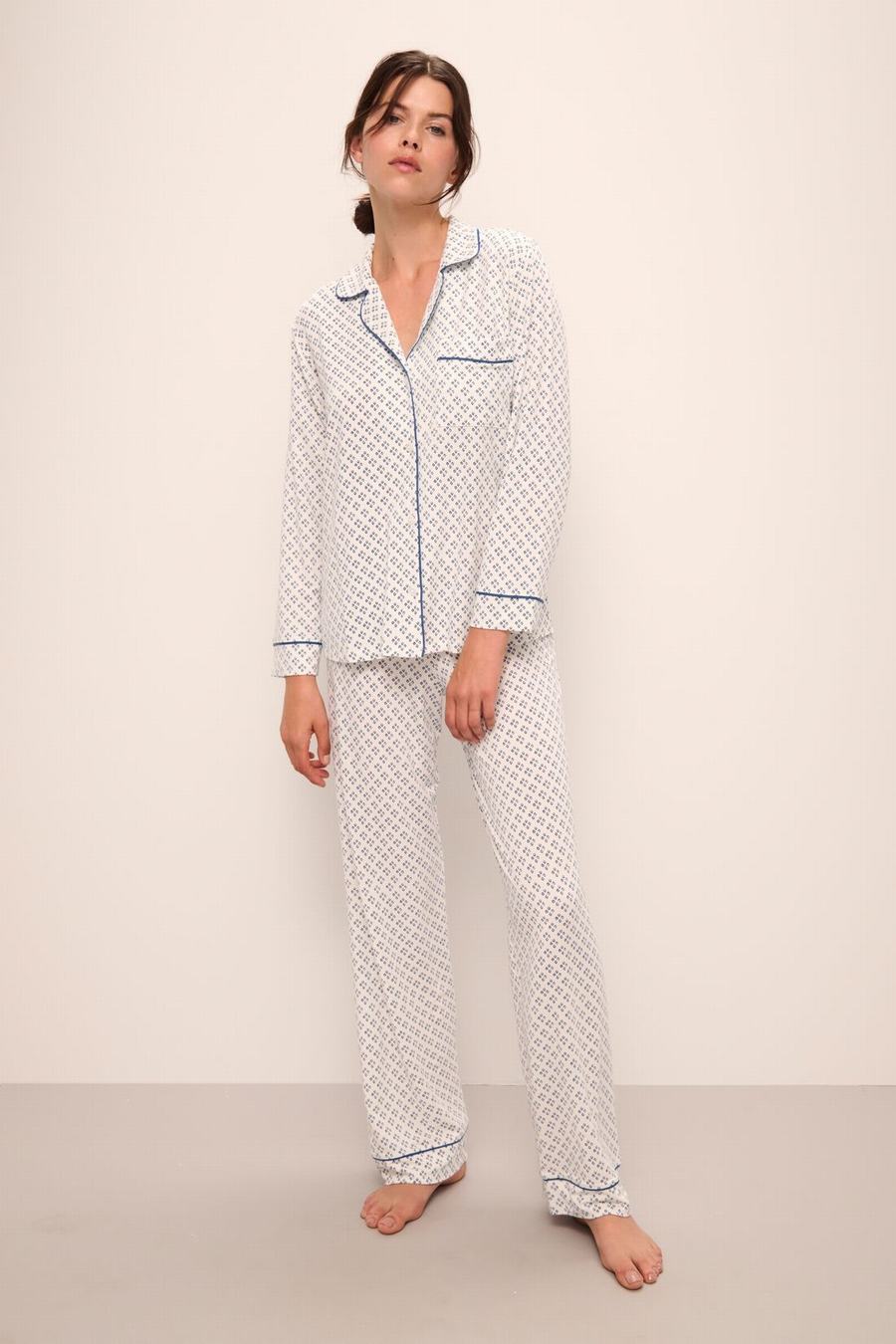 Eberjey Gisele Printed TENCEL™ Modal Long PJ Set Donna Pigiama Bianche Blu | RDA7193UF