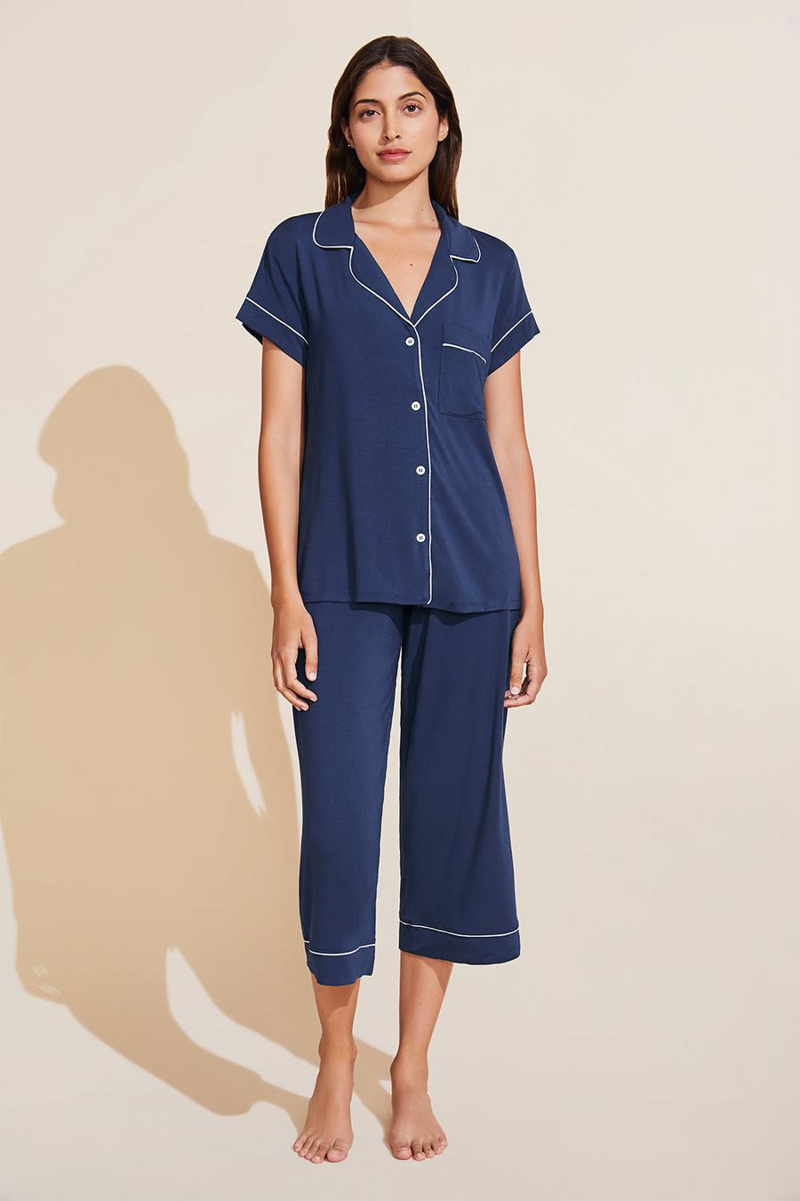 Eberjey Gisele TENCEL™ Modal Short Sleeve Cropped PJ Set Donna Pigiama Blu Marino Bianche | BEV889VM