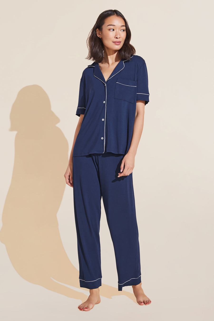 Eberjey Gisele TENCEL™ Modal Short Sleeve & Pant PJ Set Donna Pigiama Blu Marino Bianche | HSM1485IJ