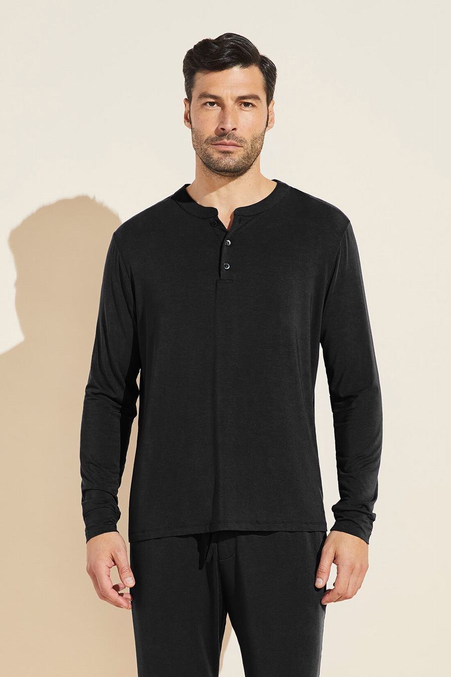 Eberjey Henry TENCEL™ Modal Long Sleeve Henley Uomo Top Nere | GBC1163SZ