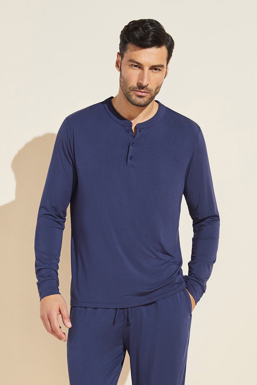 Eberjey Henry TENCEL™ Modal Long Sleeve Henley Uomo Top Blu Marino | HEX7239HP