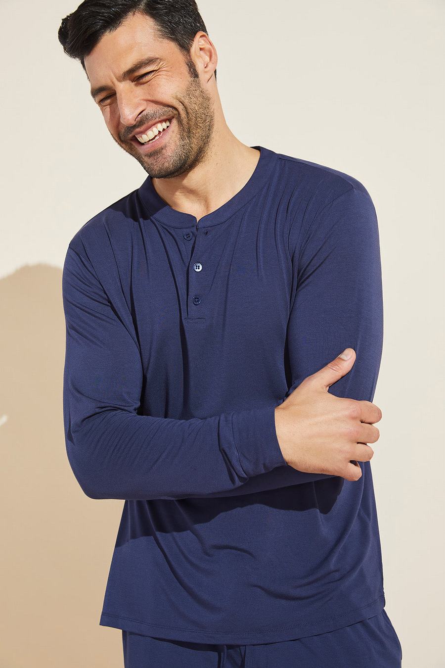 Eberjey Henry TENCEL™ Modal Long Sleeve Henley Uomo Top Blu Marino | HEX7239HP