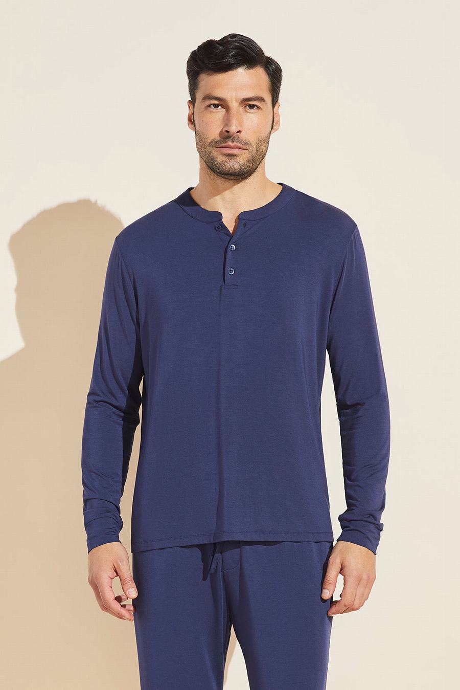 Eberjey Henry TENCEL™ Modal Long Sleeve Henley Uomo Top Blu Marino | HEX7239HP