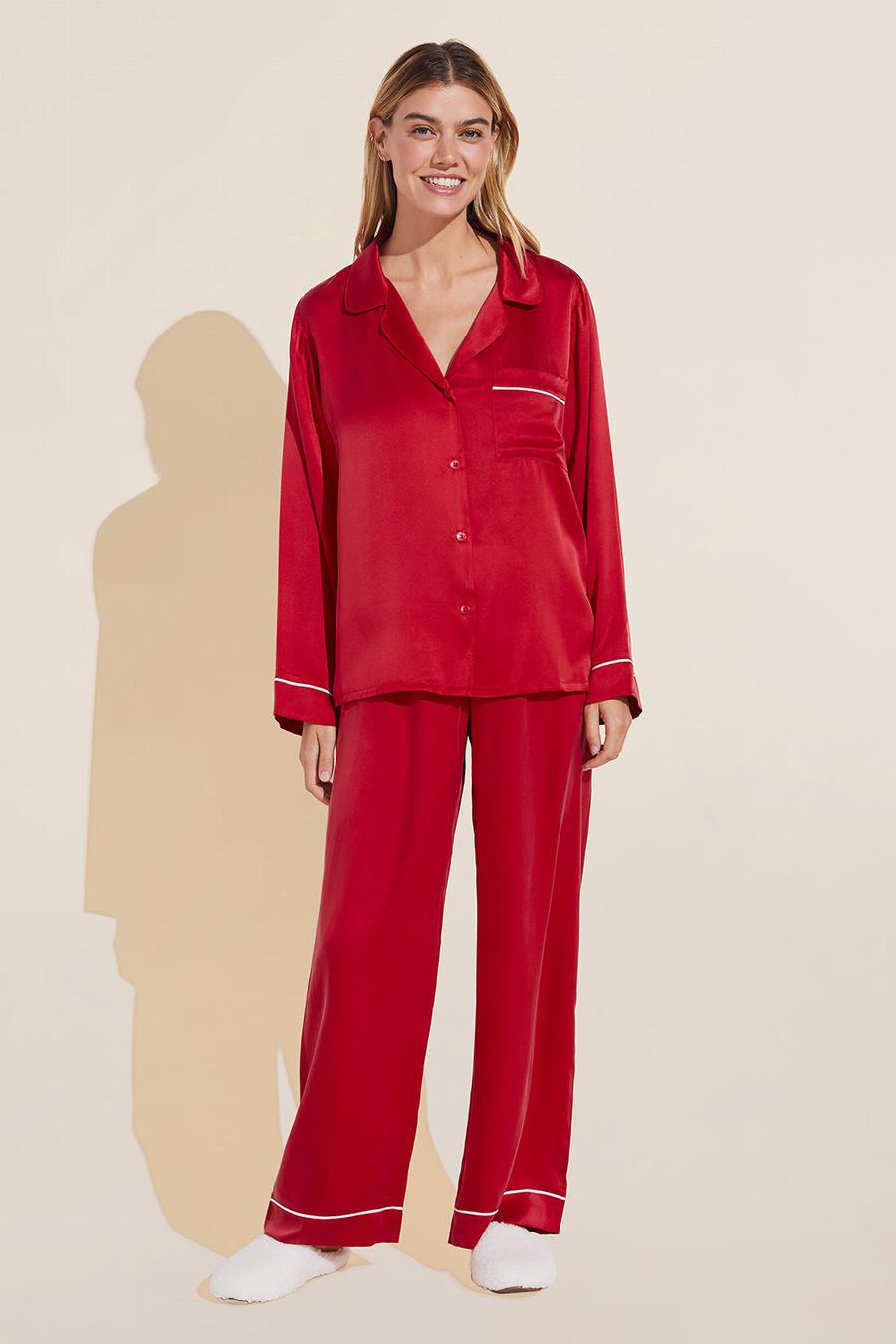 Eberjey Inez Washable Silk Long PJ Set Donna Pigiama Rosse Bianche | YEC7716CE