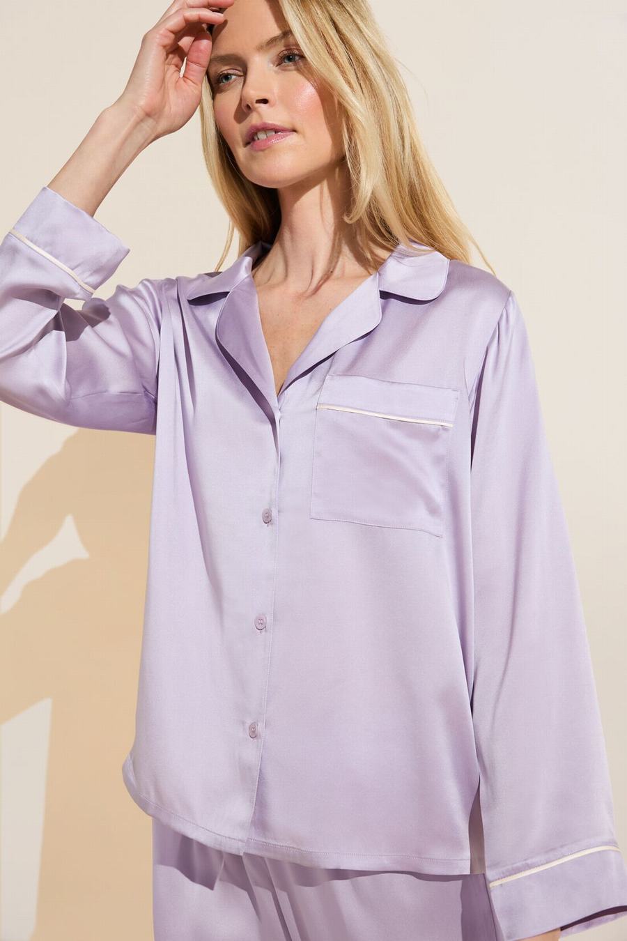 Eberjey Inez Washable Silk Long PJ Set Donna Pigiama Viola Bianche | QTP4540GF