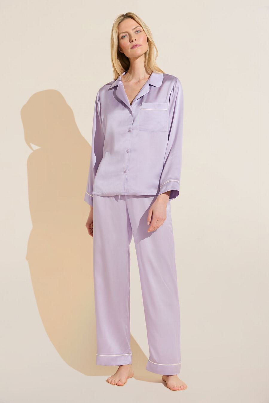 Eberjey Inez Washable Silk Long PJ Set Donna Pigiama Viola Bianche | QTP4540GF