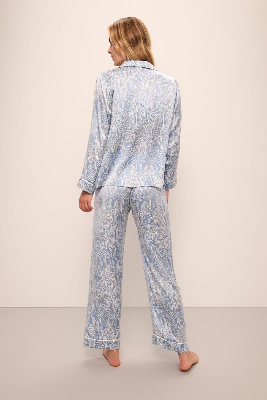 Eberjey Inez Washable Silk Printed Long PJ Set Donna Pigiama Blu Bianche | XMS2878KA