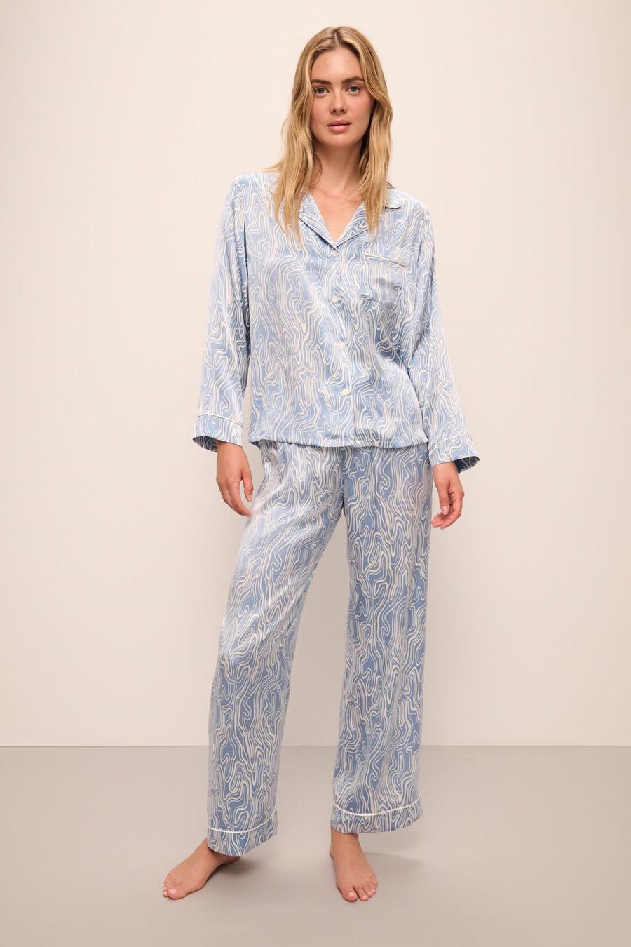 Eberjey Inez Washable Silk Printed Long PJ Set Donna Pigiama Blu Bianche | XMS2878KA