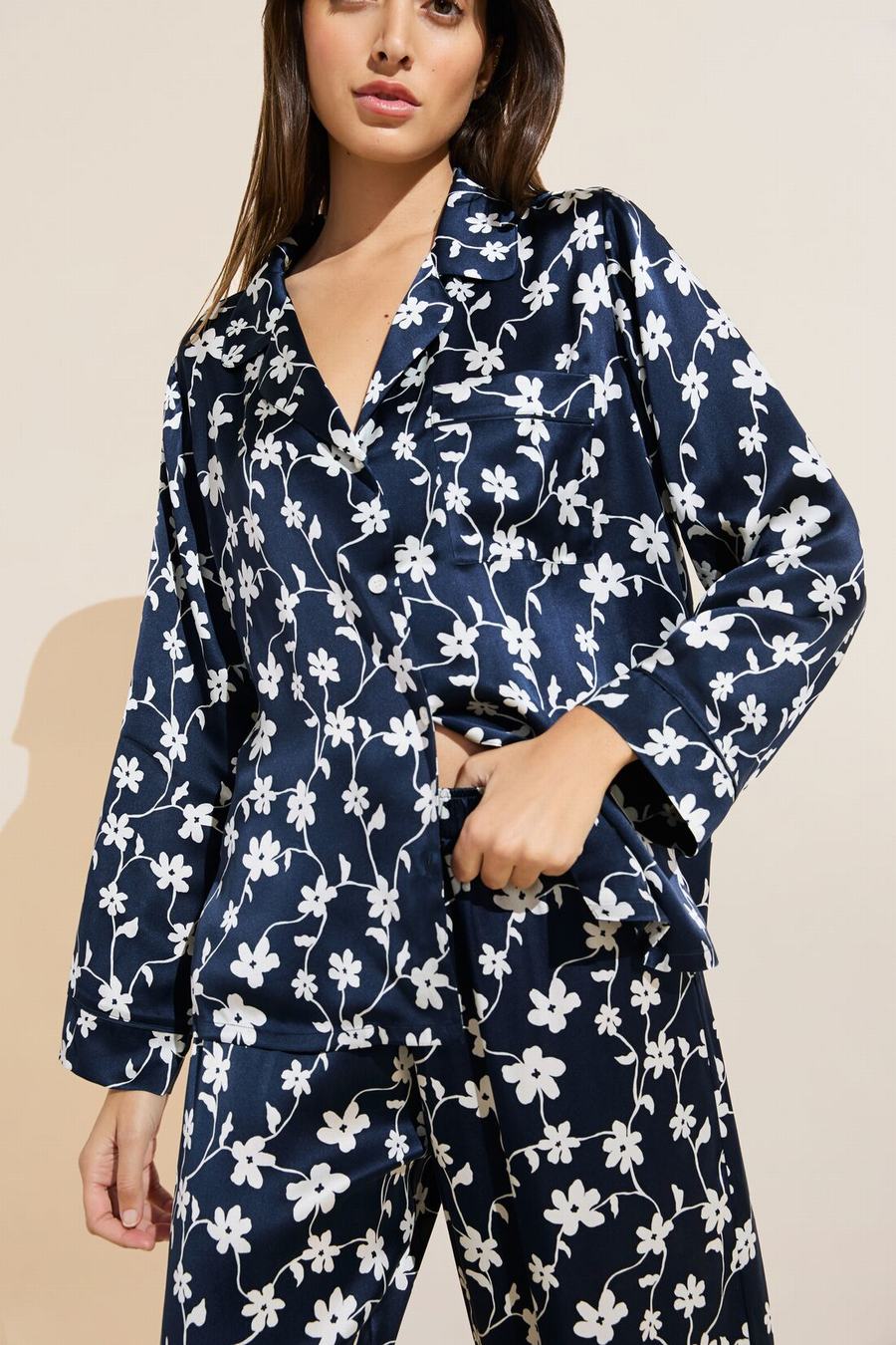 Eberjey Inez Washable Silk Printed Long PJ Set Donna Pigiama Blu Marino Bianche | AJI9155BU