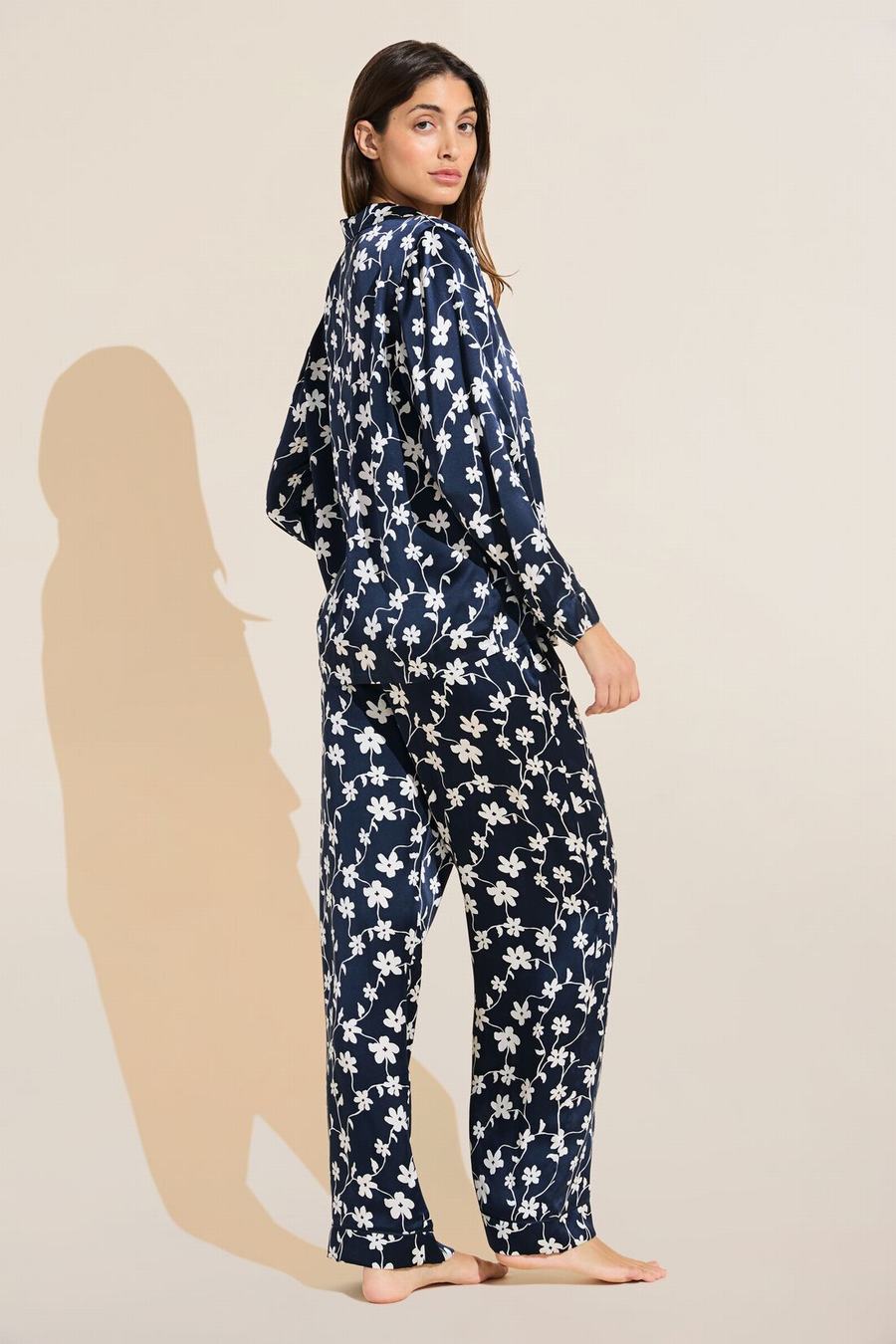 Eberjey Inez Washable Silk Printed Long PJ Set Donna Pigiama Blu Marino Bianche | AJI9155BU