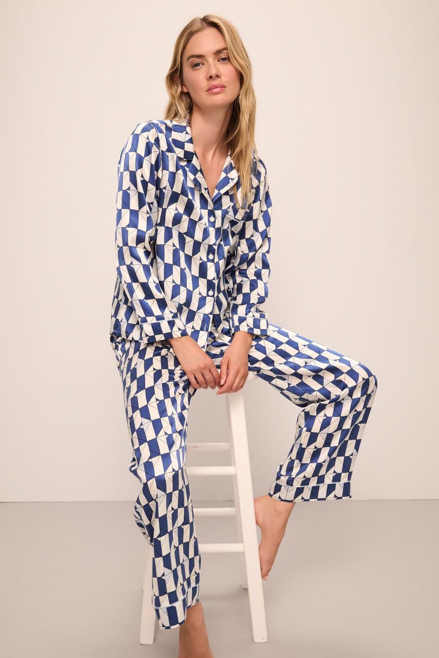 Eberjey Inez Washable Silk Printed Long PJ Set Donna Pigiama Blu Bianche | RYP666GI