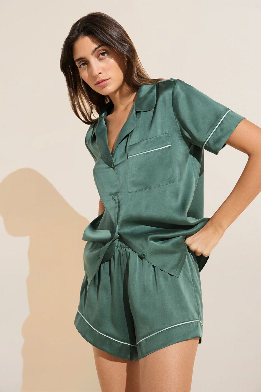 Eberjey Inez Washable Silk Short PJ Set Donna Pigiama Verdi Scuro | LXK6436ZS