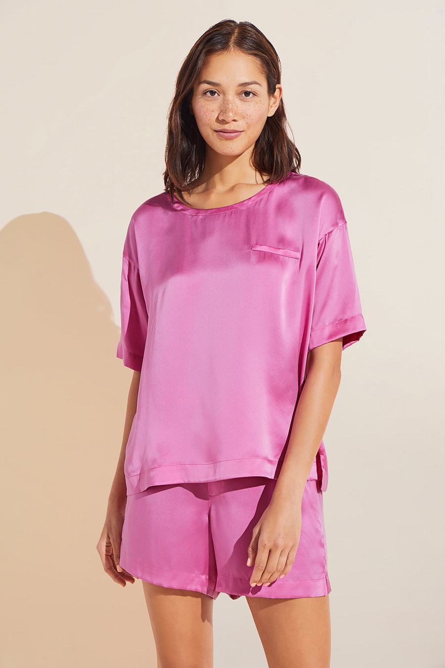 Eberjey Inez Washable Silk Short Sleeve Tee & Boxer PJ Set Donna Pigiama Rosa Rosse | EZP199BJ