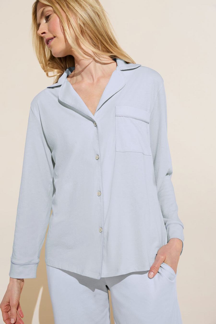 Eberjey Organic Pima Cotton Notch Collar Top & Pant PJ Set Donna Pigiama Blu | SCC9129AQ