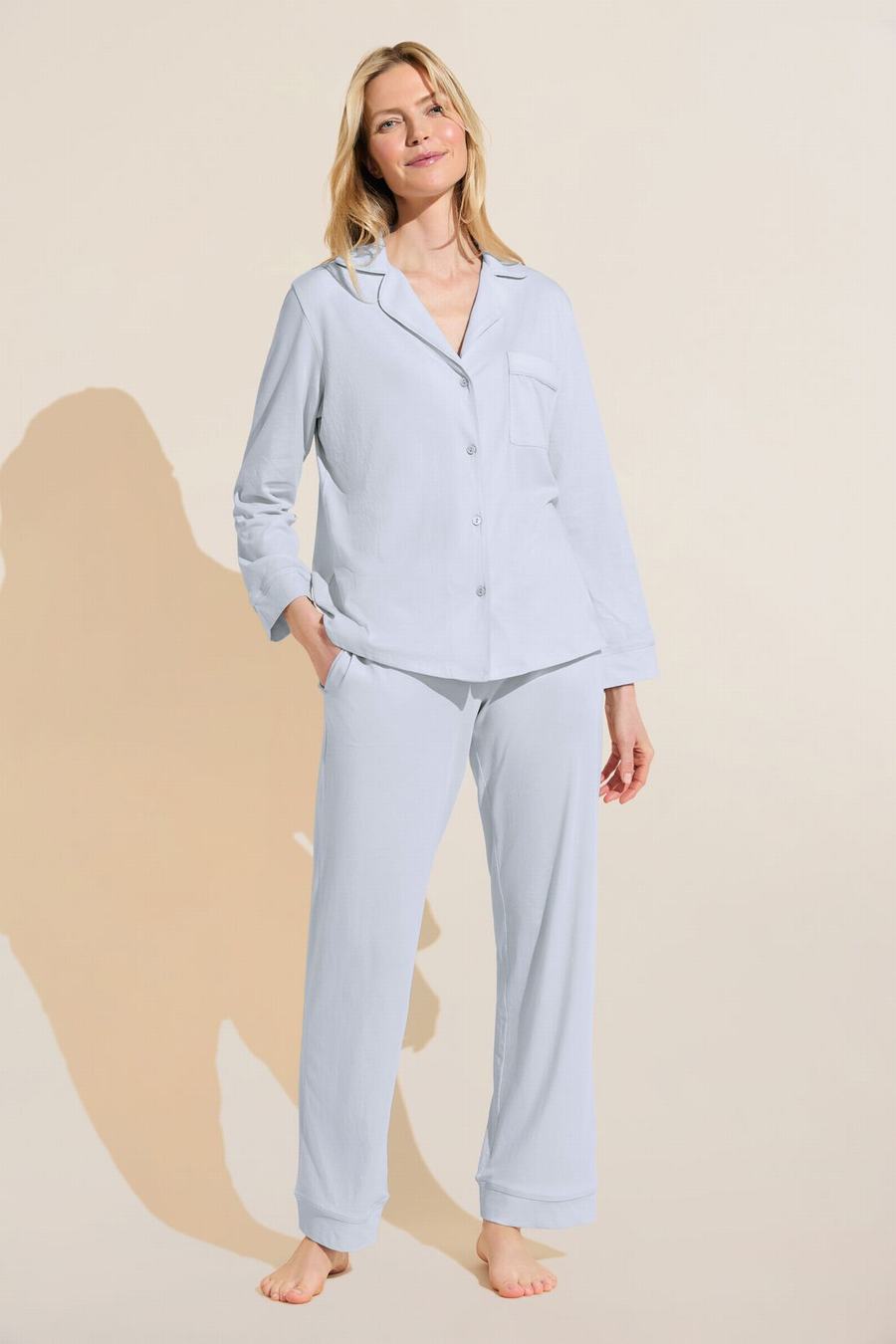 Eberjey Organic Pima Cotton Notch Collar Top & Pant PJ Set Donna Pigiama Blu | SCC9129AQ